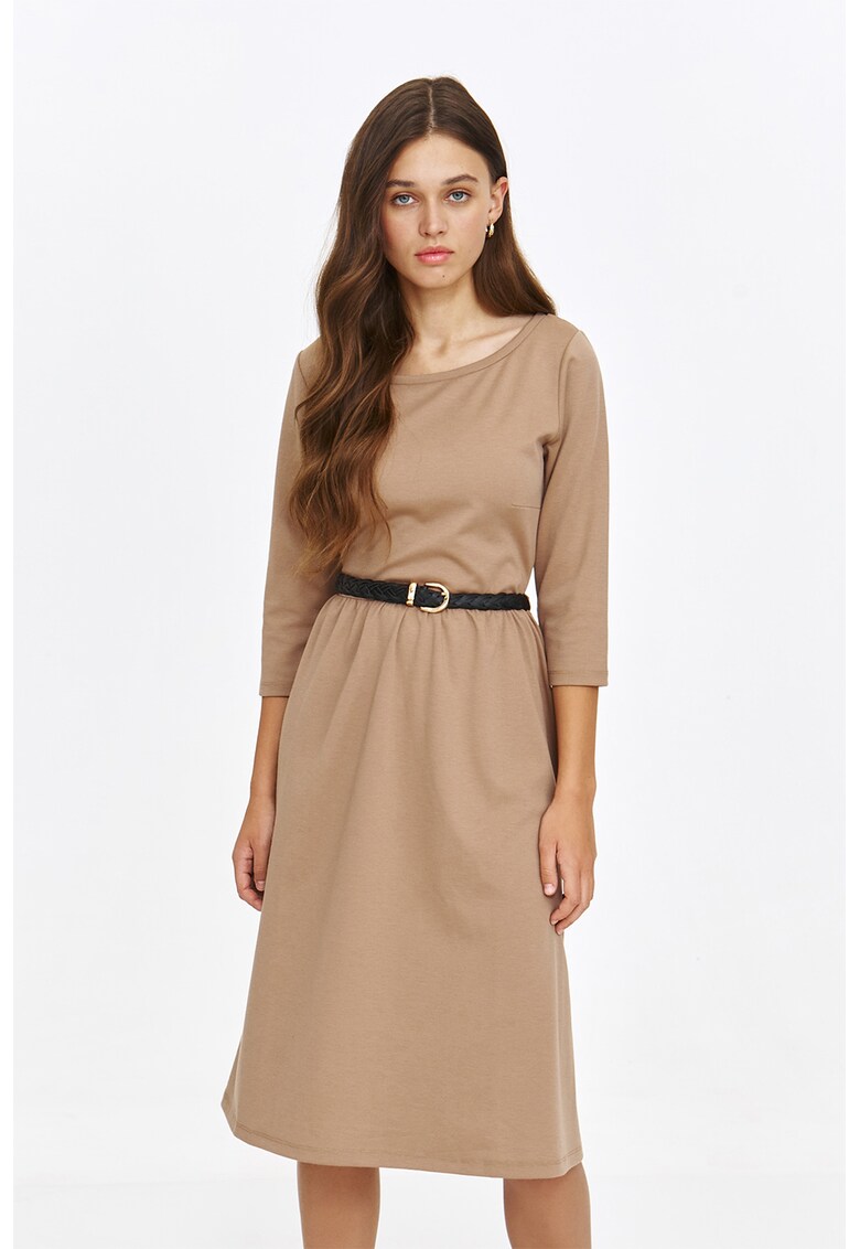 Rochie midi cu o curea impletita in talie - Maro nisip