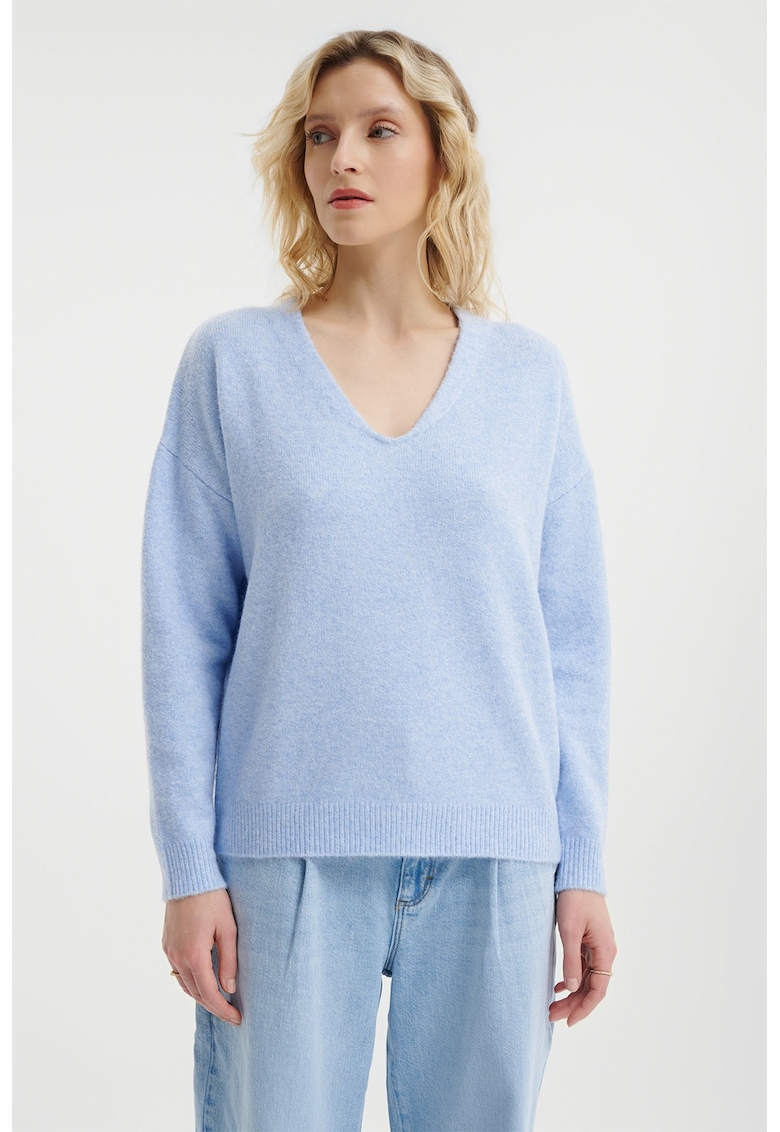 Pulover cu decolteu in V si maneci cazute - Albastru glaciar