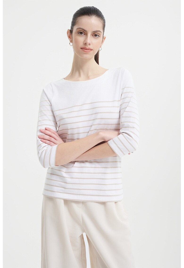 Bluza cu decolteu la baza gatului si dungi - Alb/Maro taupe deschis