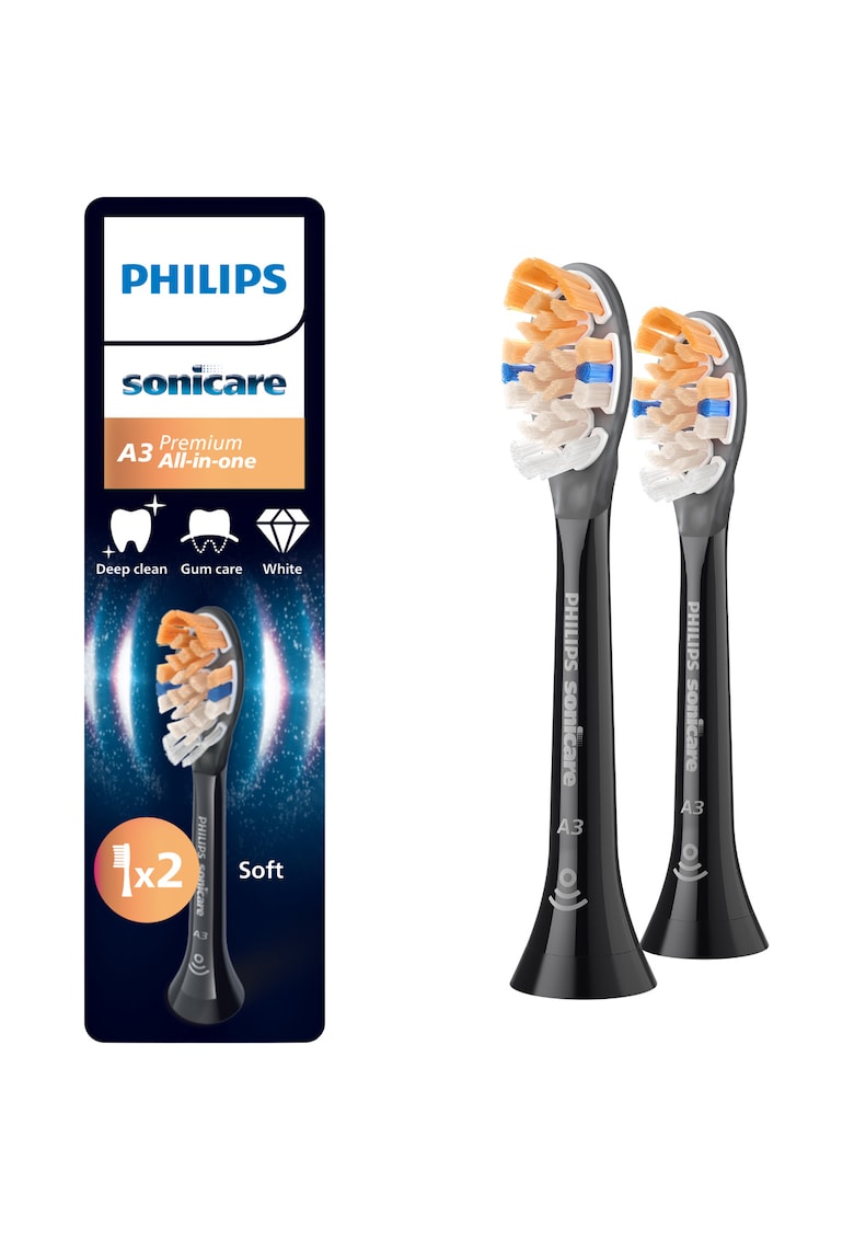 Rezerve A3 Premium All in One HX9092/88 - pachet de 2 capete de periere standard - sincronizarea modurilor BrushSync - Negru