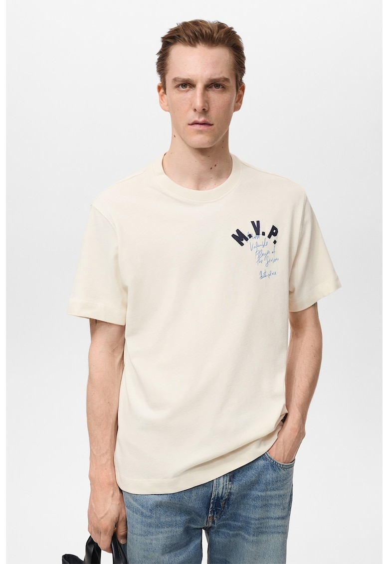 Tricou cu detaliu text - Crem