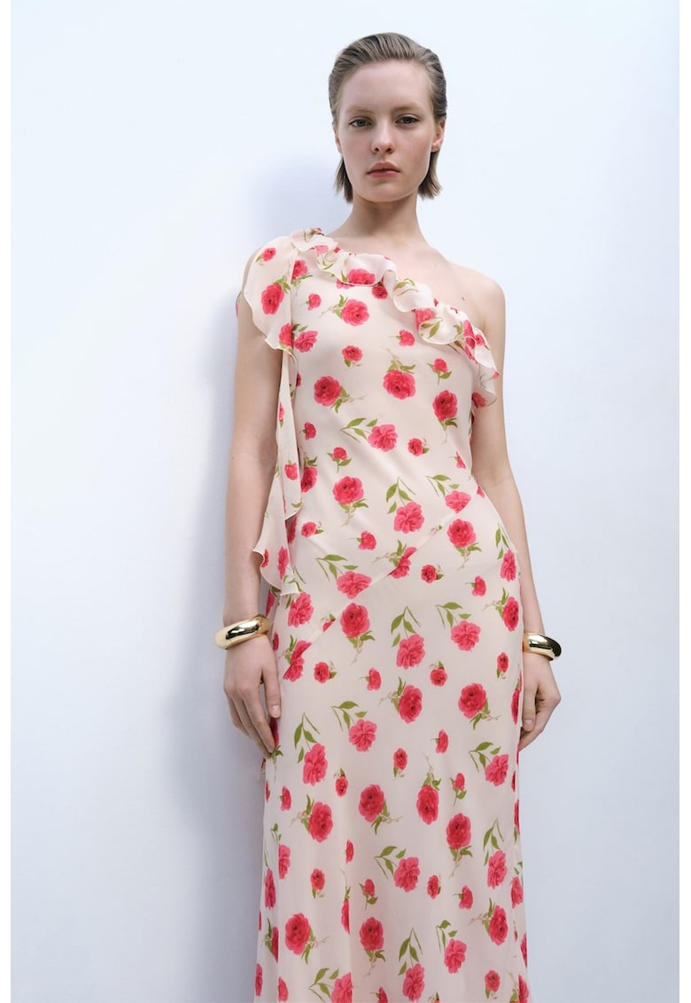 Rochie midi cu decolteu pe un umar si volane