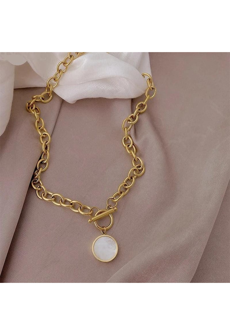 Colier auriu - din otel inoxidabil - cu zale si pandantiv rotund - suflat cu aur 18k - Berenice C11