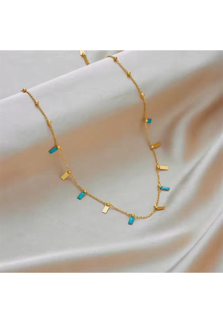 Colier auriu - din otel inoxidabil - cu piese turquoise - suflat cu aur 18k - Berite C12