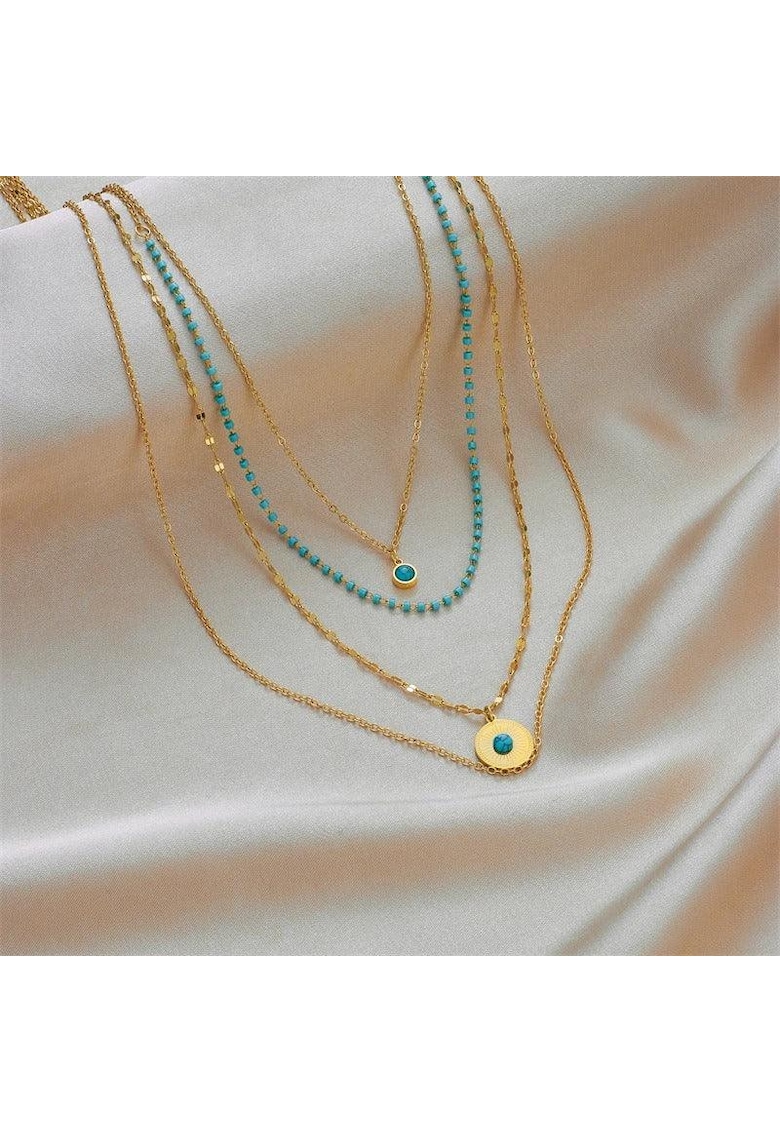 Colier auriu - din otel inoxidabil - in 4 straturi - cu margelute turquoise - suflat cu aur 18k - Bergot C12