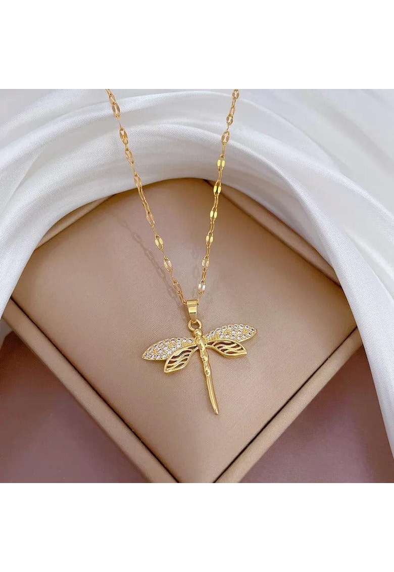 Colier auriu - din otel inoxidabil - cu pandantiv libelula si pietre - suflat cu aur 18k - Bernadeta C12
