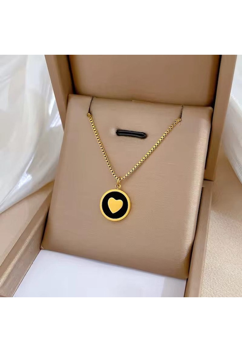 Colier auriu - din otel inoxidabil - cu pandantiv rotund si inimioara - suflat cu aur 18k - Berny C11