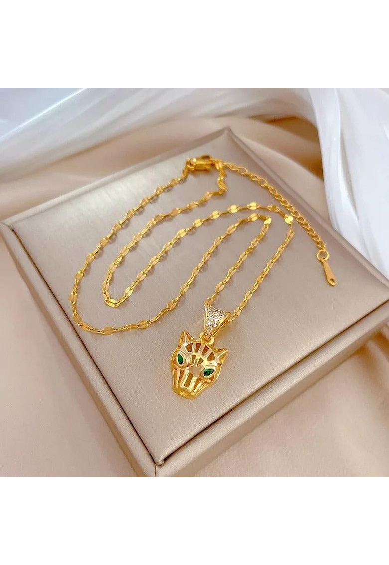 Colier auriu - din otel inoxidabil - cu pandantiv leopard si pietre - suflat cu aur 18k - Berta C12