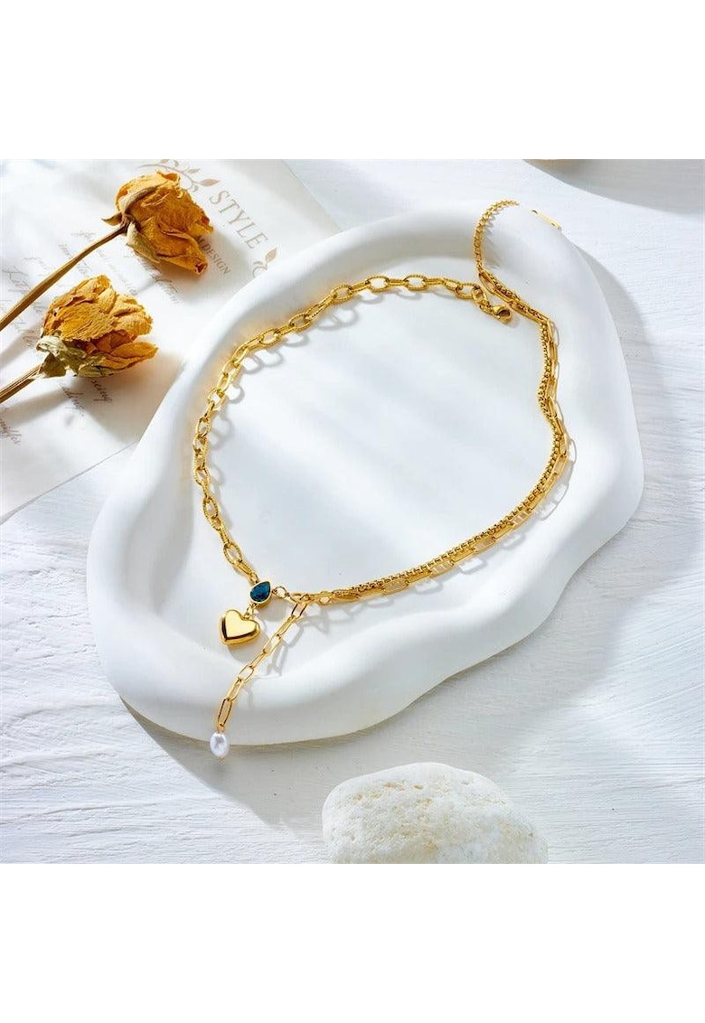 Colier auriu - din otel inoxidabil - cu pandantiv inimioara si perluta - suflat cu aur 18k - Bessie C11