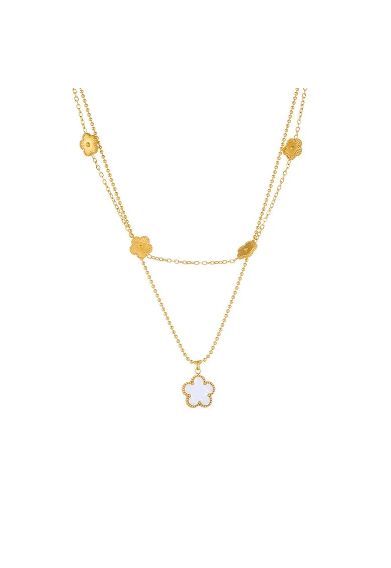 Colier auriu - din otel inoxidabil - in 2 straturi - cu pandantiv floricica - suflat cu aur 18k - Bethany C11