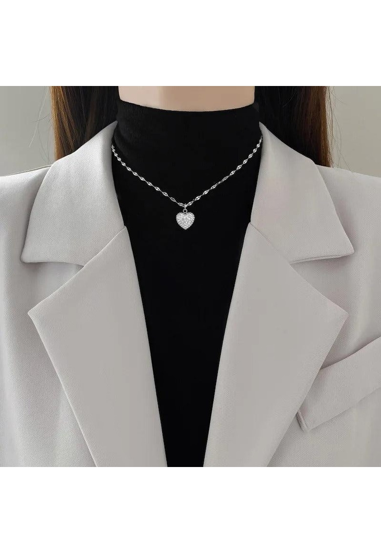 Colier argintiu - din otel inoxidabil - cu pandantiv inimioara si pietre - suflat cu aur 18k - Beth C12