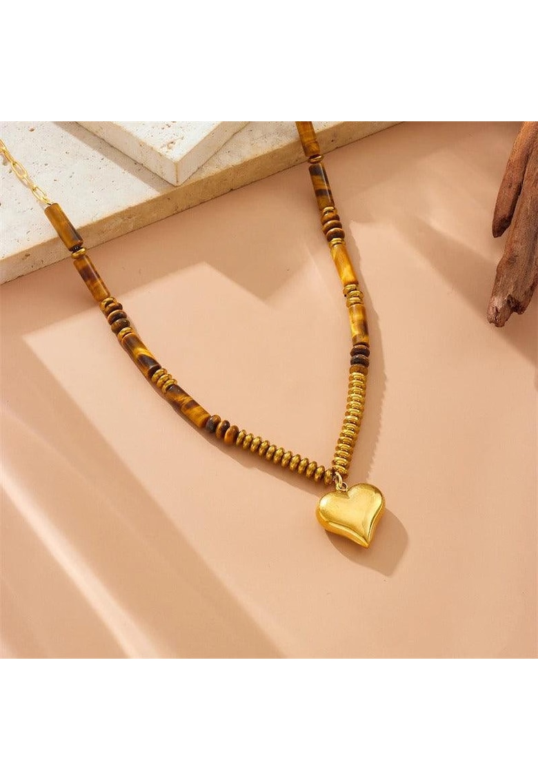 Colier auriu - din otel inoxidabil - cu margelute maro si pandantiv inima - suflat cu aur 18k - Brita C11