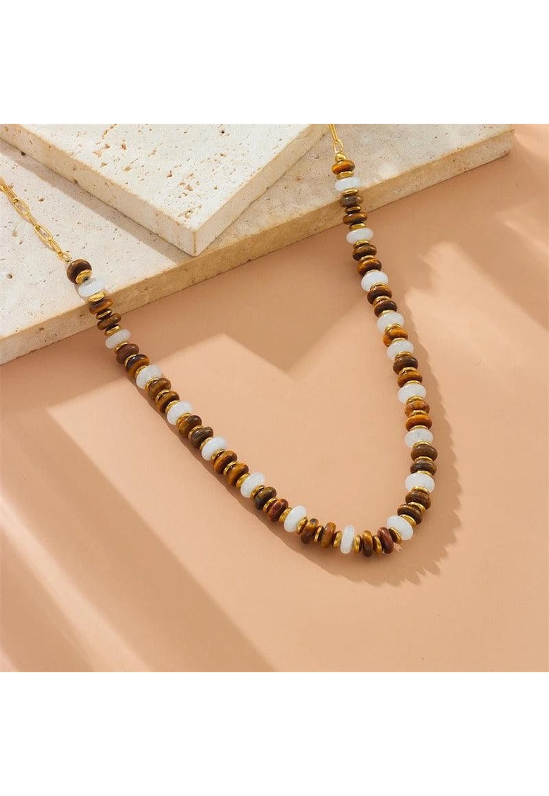 Colier auriu - din otel inoxidabil - cu margelute maro - suflat cu aur 18k - Brigita C11