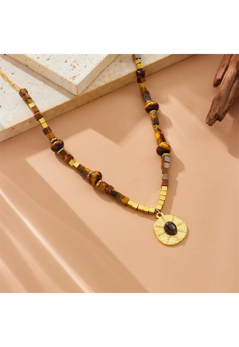 Colier auriu - din otel inoxidabil - cu margelute maro si pandantiv rotund - suflat cu aur 18k - Bryana C11