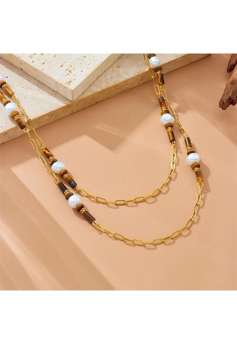 Colier auriu - din otel inoxidabil - in 2 straturi - cu margelute maro - suflat cu aur 18k - Brynilda C11