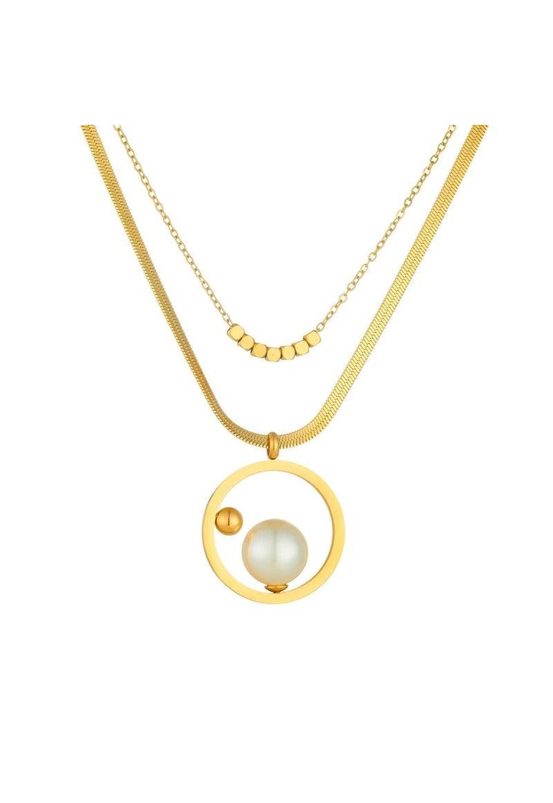 Colier auriu - din otel inoxidabil - in 2 straturi - cu pandantiv rotund contemporan si perlute - suflat cu aur 18k - Carla C11