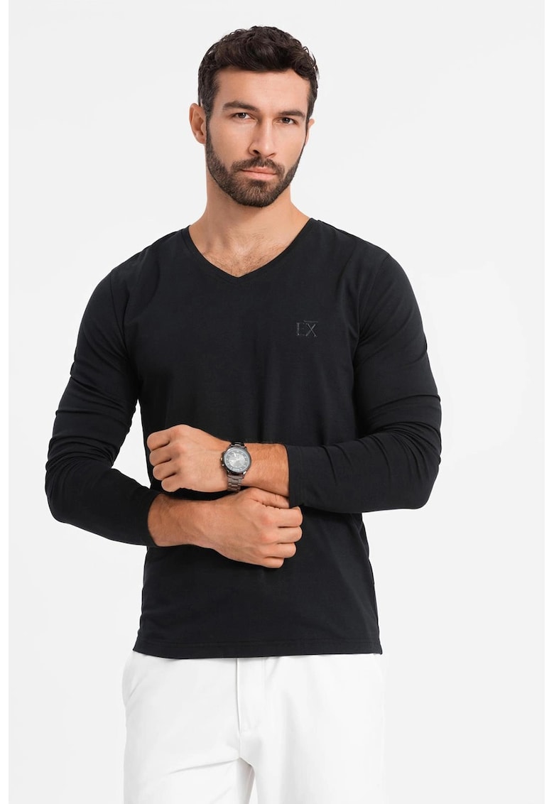 Bluza din amestec de bumbac cu decolteu in V