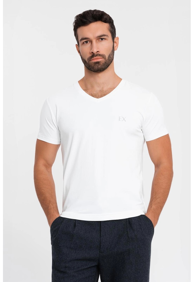 Tricou uni cu decolteu in V - Alb