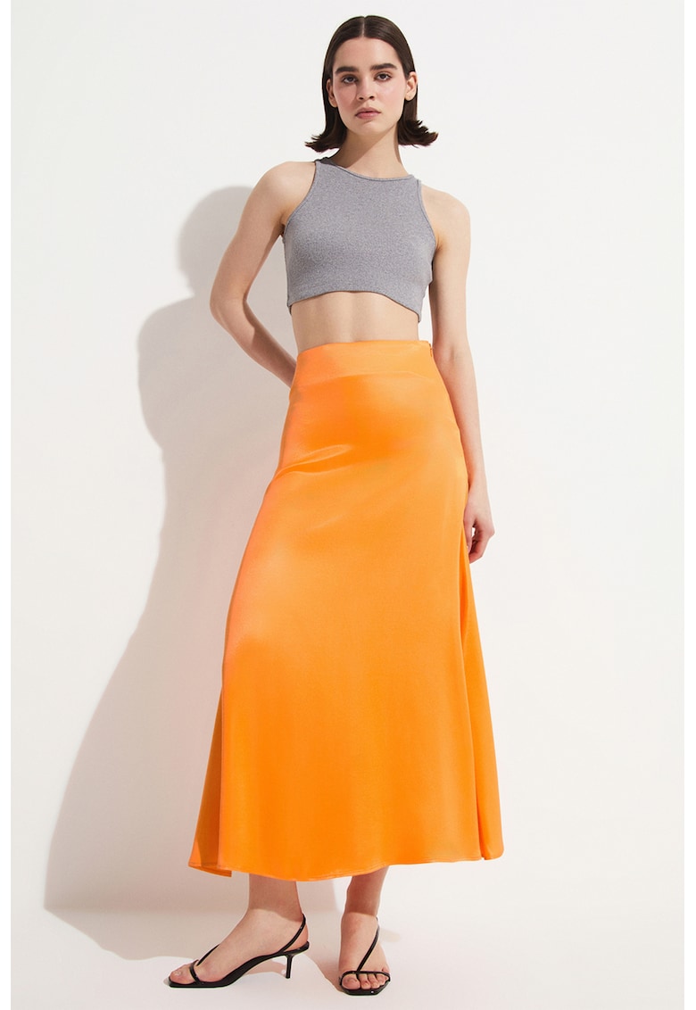 Fusta midi din satin cu talie inalta