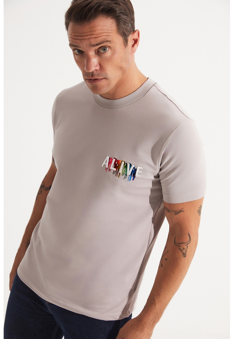 Tricou cu broderie text - Gri deschis