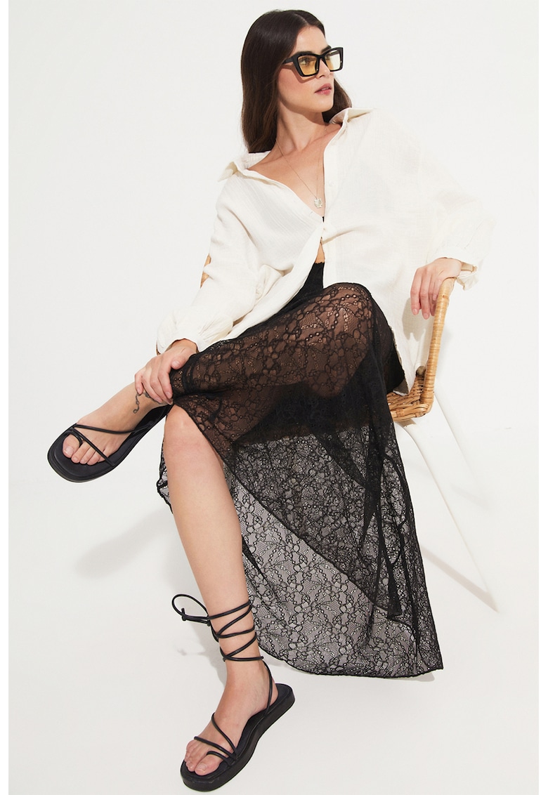 Fusta midi cu segment semitransparent