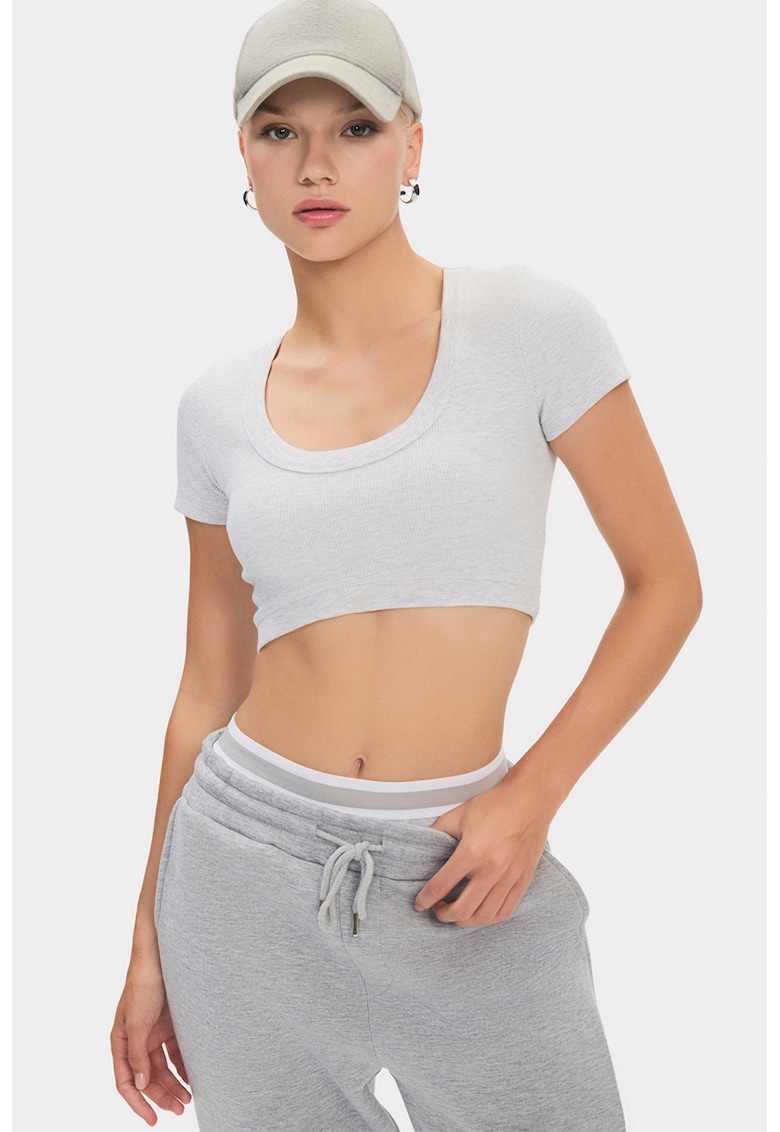 Tricou crop cu decolteu rotund - Gri deschis