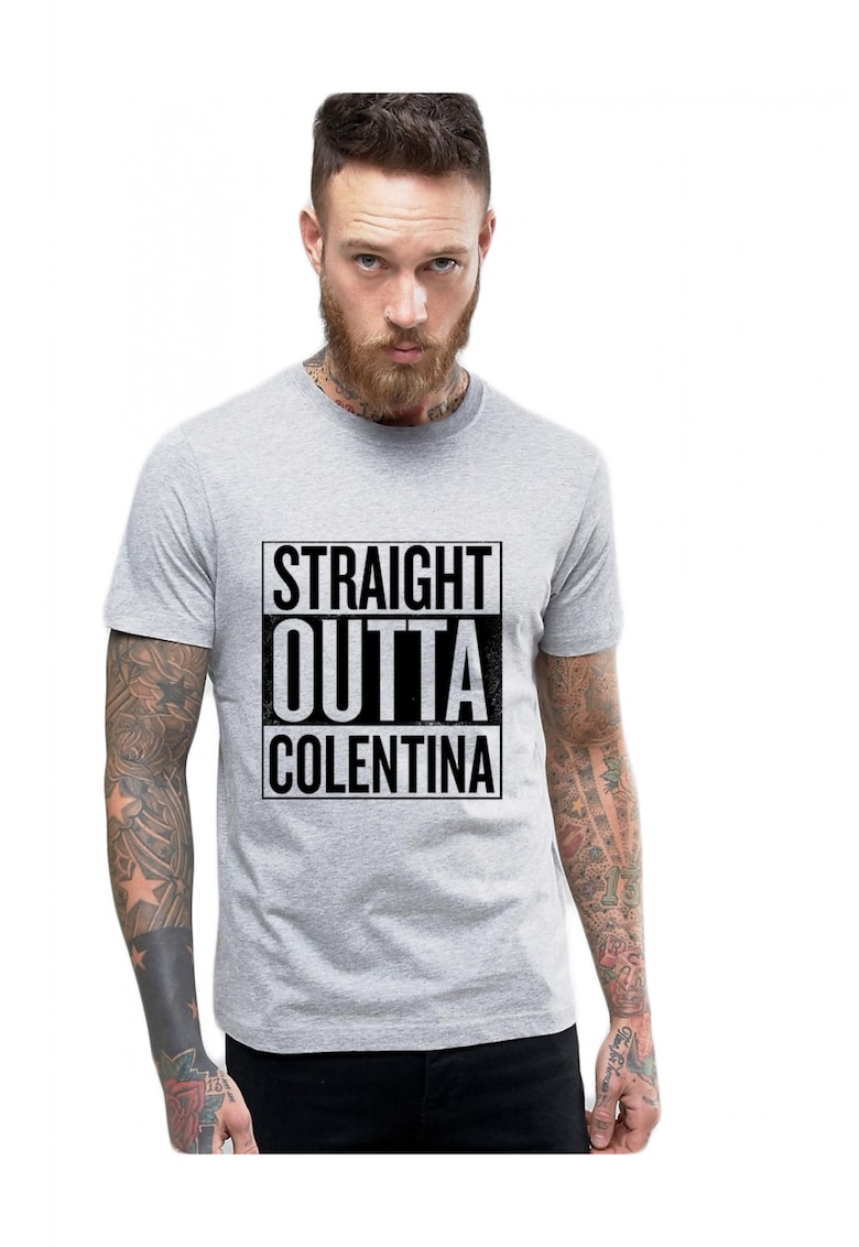 Tricou barbati gri cu text negru - Straight Outta Colentina