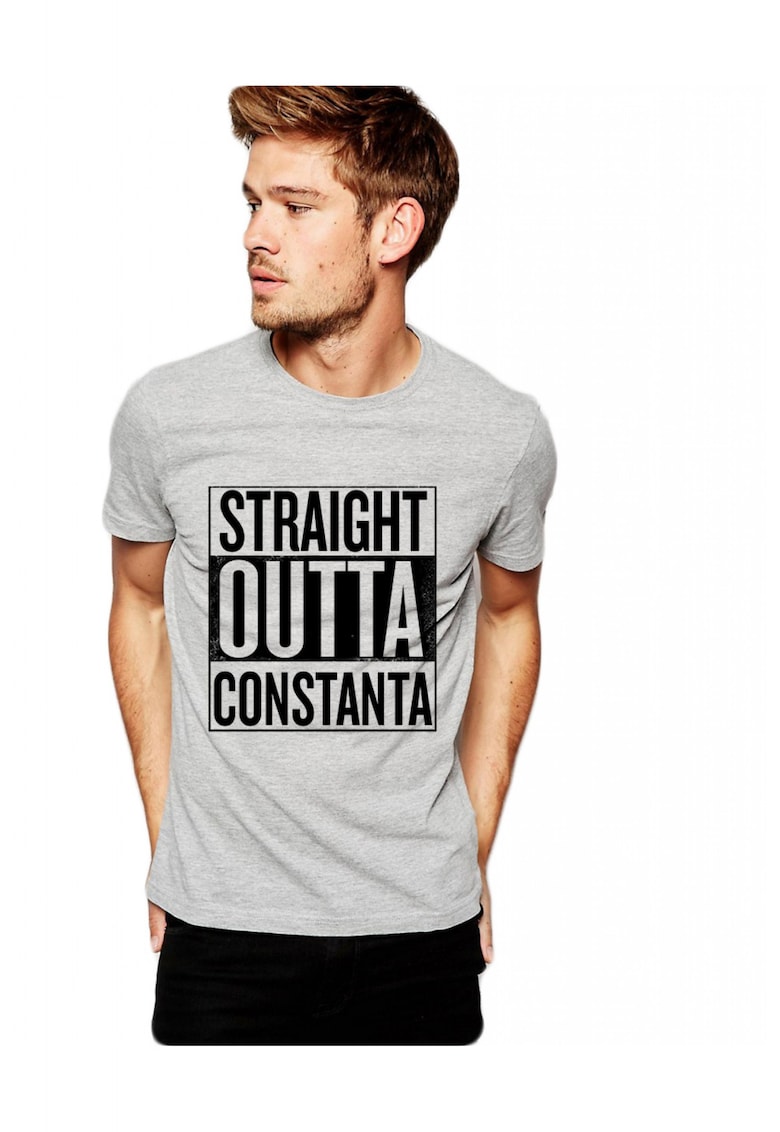 Tricou barbati gri cu text negru - Straight Outta Constanta