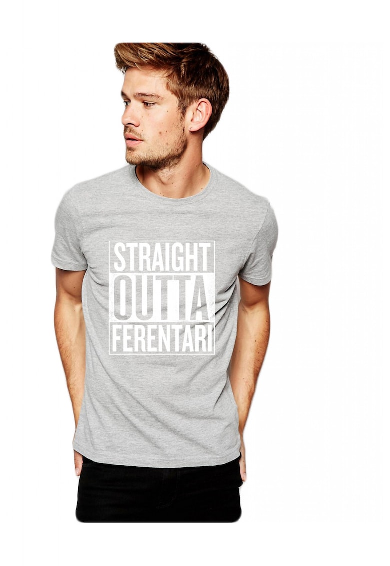 Tricou barbati gri cu text alb - Straight Outta Ferentari