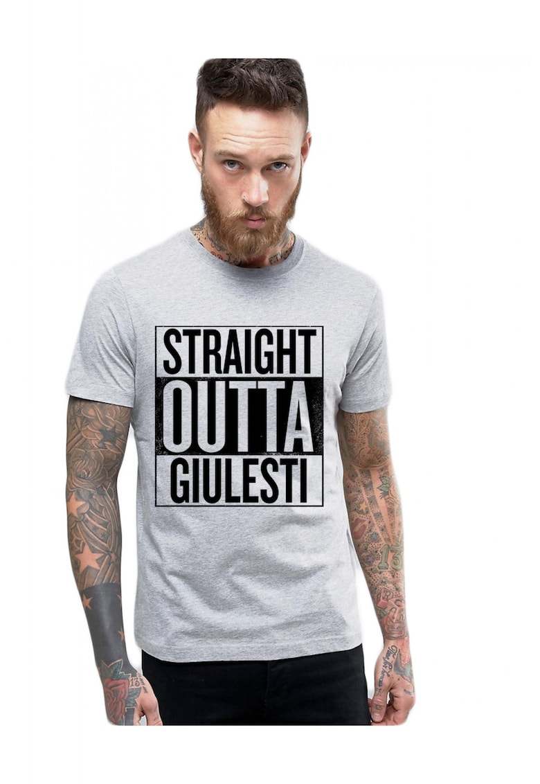 Tricou barbati gri cu text negru - Straight Outta Giulesti