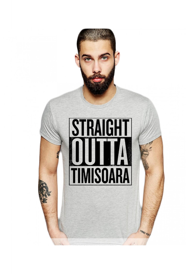 Tricou barbati gri cu text negru - Straight Outta Timisoara