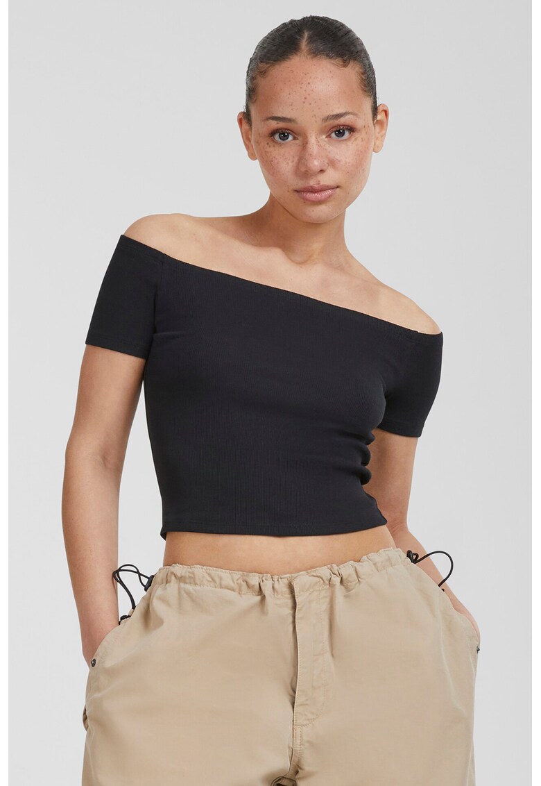 Tricou crop cambrat cu decolteu pe umeri Tricou crop cambrat cu decolteu pe umeri