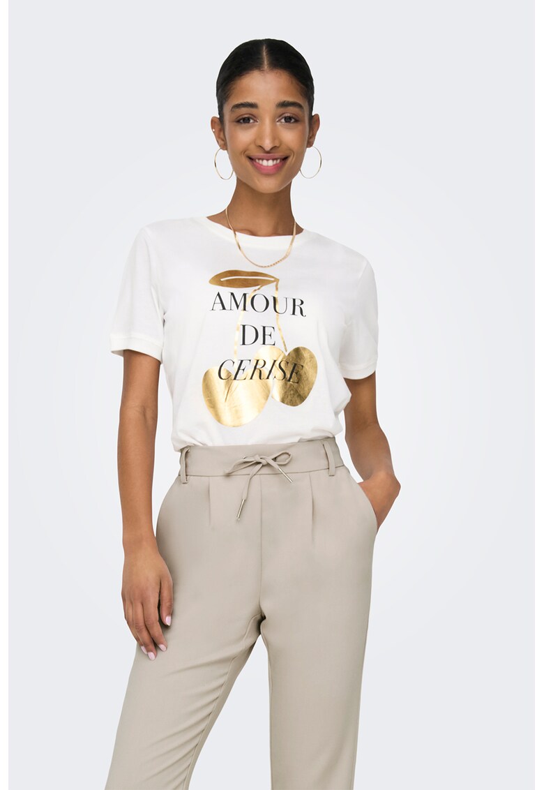 Tricou cu imprimeu si decolteu la baza gatului - Alb/Auriu