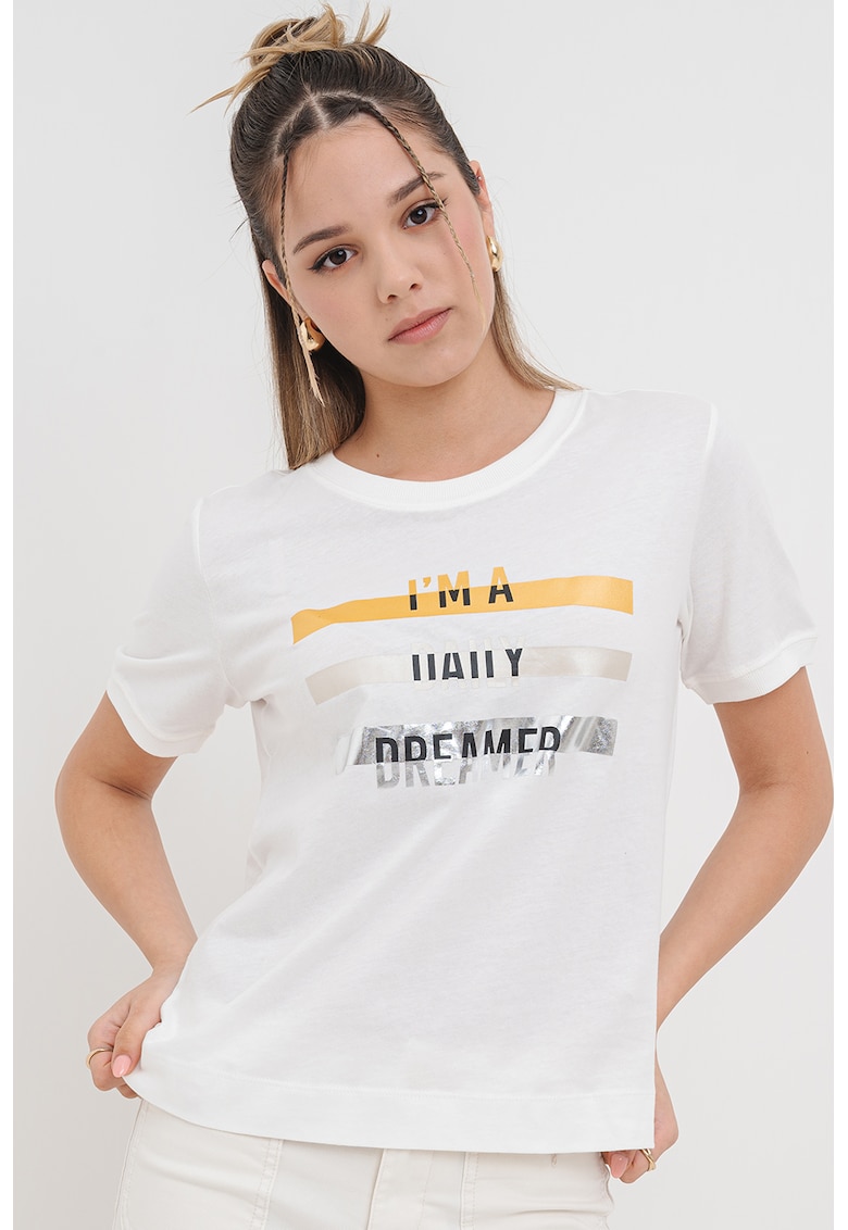 Tricou cu imprimeu si decolteu la baza gatului - Alb/Galben/Argintiu