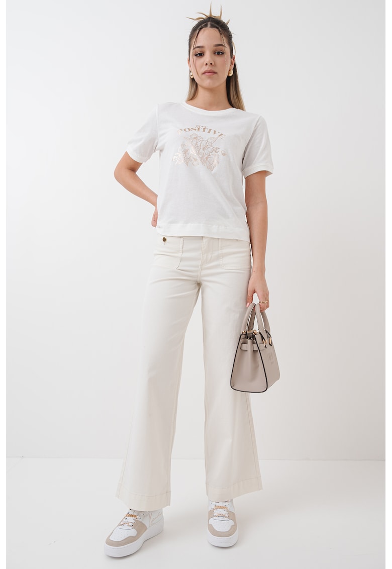 Tricou cu imprimeu si decolteu la baza gatului - Auriu/Alb murdar