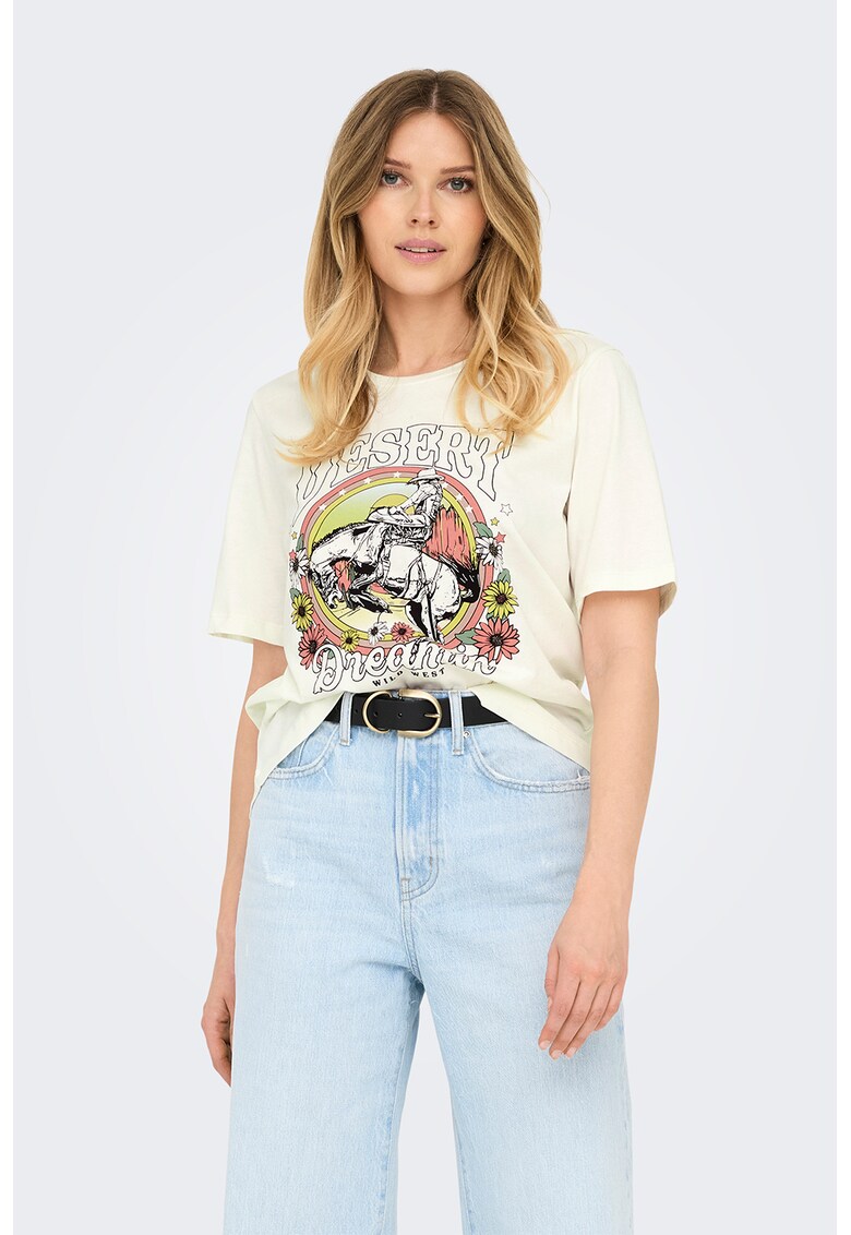 Tricou cu imprimeu si decolteu la baza gatului - Crem