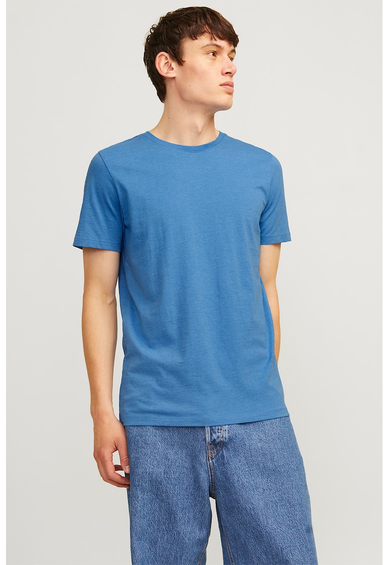 Tricou din amestec de bumbac cu decolteu la baza gatului - Albastru melange