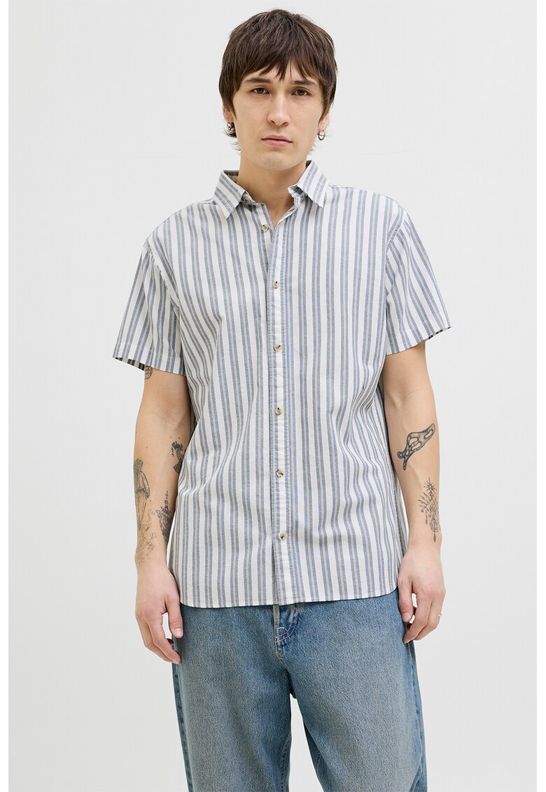 Camasa relaxed fit de bumbac cu dungi - Alb/Albastru prafuit