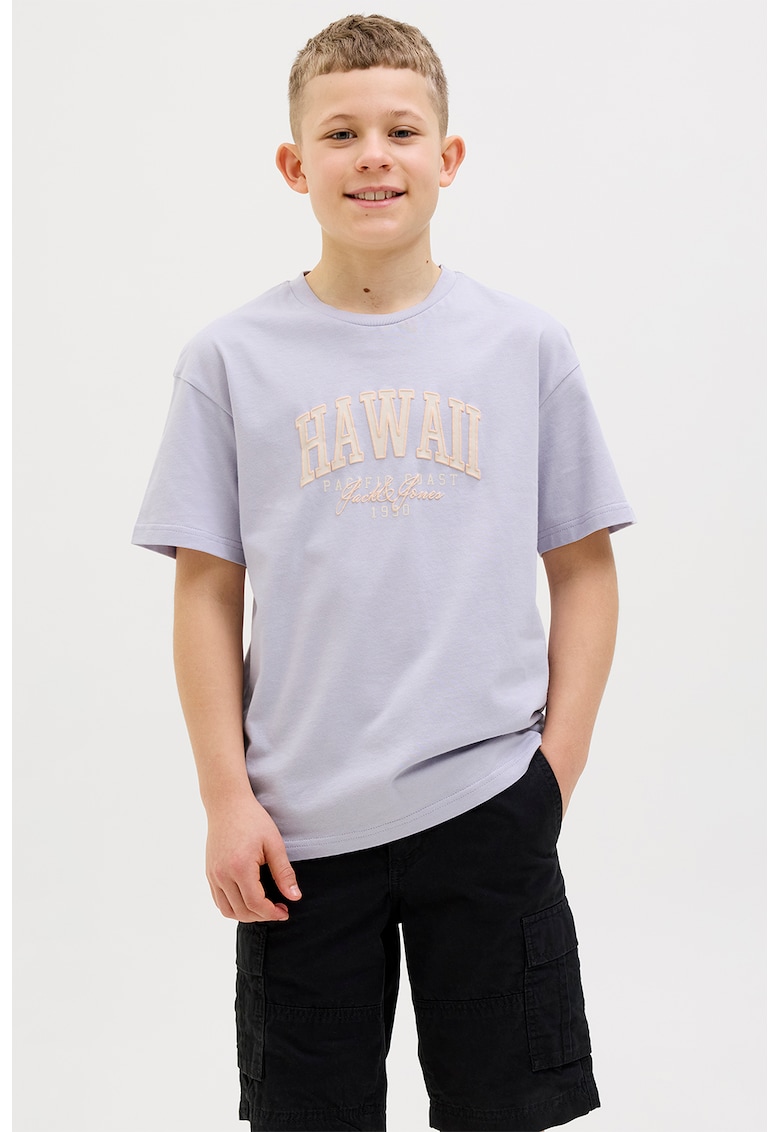 Tricou cu decolteu la baza gatului - imprimeu text si logo