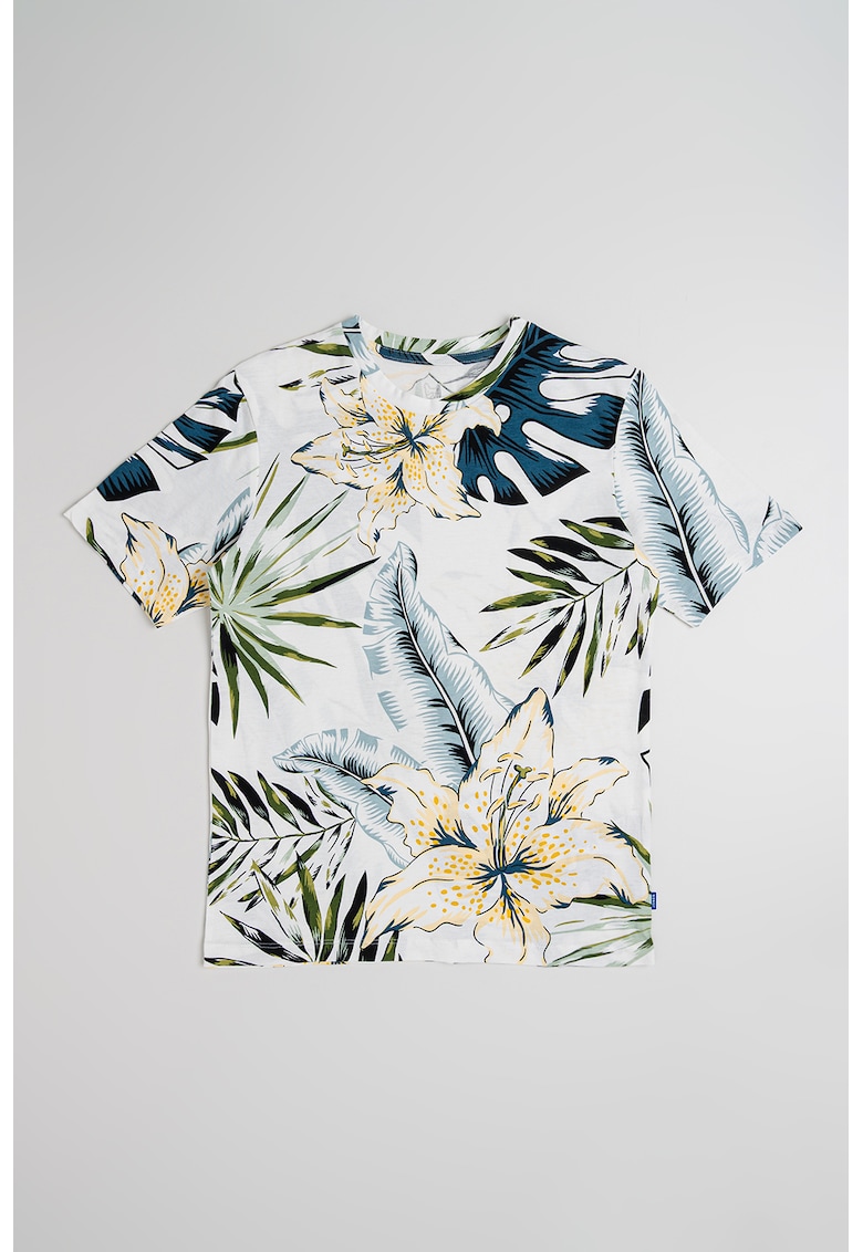 Tricou cu decolteu la baza gatului si imprimeu tropical - Alb/Galben/Albastru