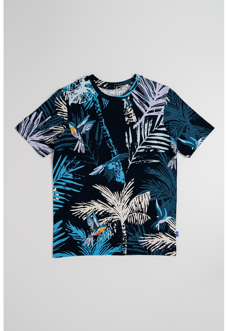Tricou cu decolteu la baza gatului si imprimeu tropical - Bej/Lila/Albastru
