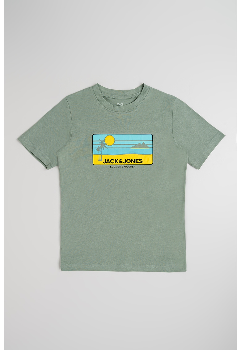 Tricou cu decolteu la baza gatului si logo - Galben/Verde feriga/Albastru