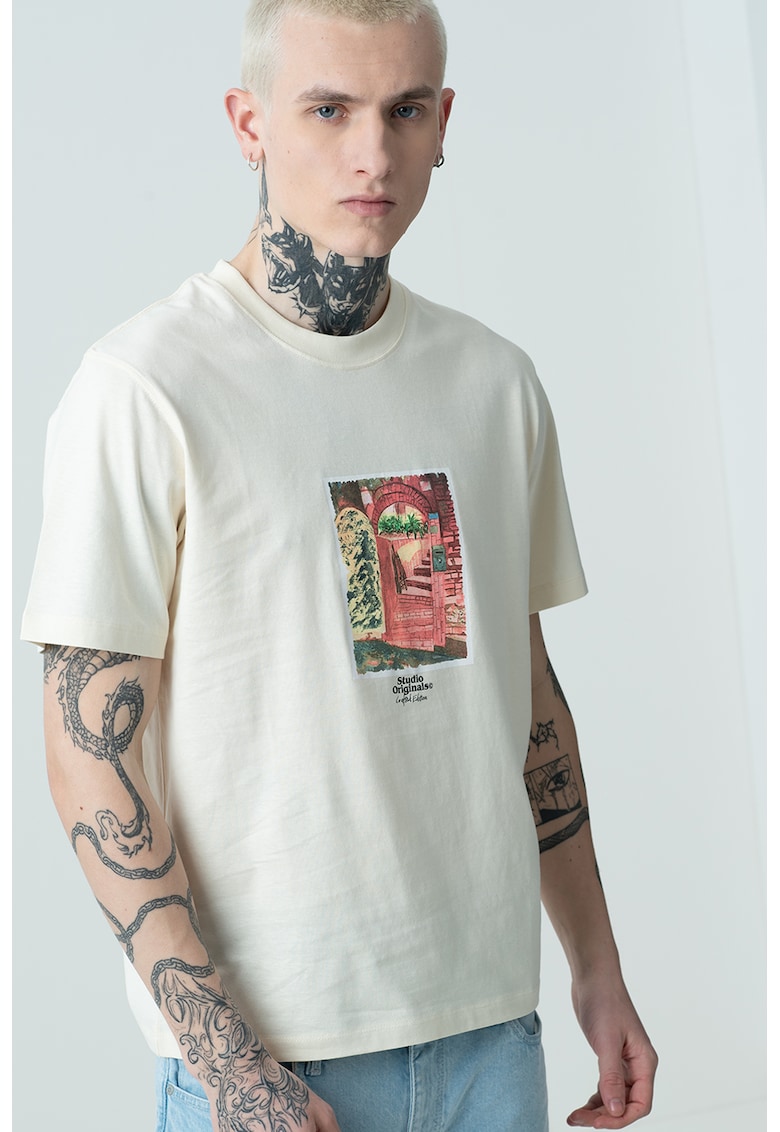 Tricou de bumbac cu imprimeu Paros - Coral/Verde englez/Crem