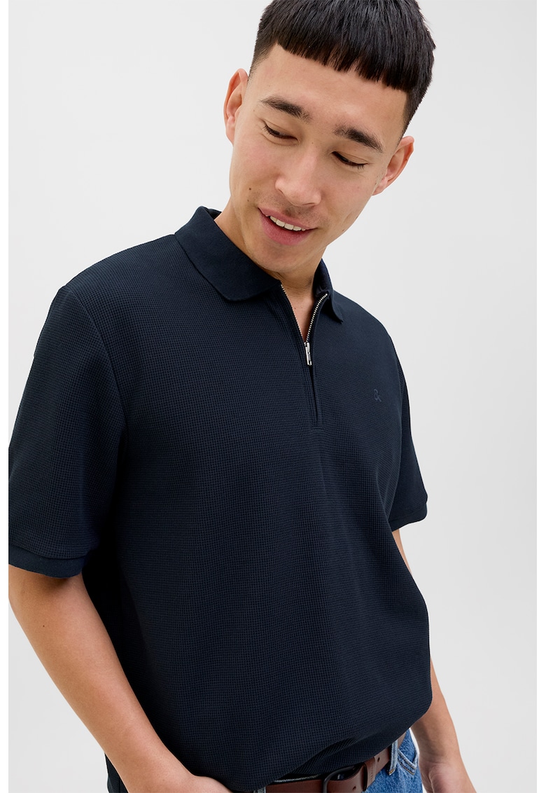 Tricou polo din amestec de bumbac organic cu fenta cu fermoar