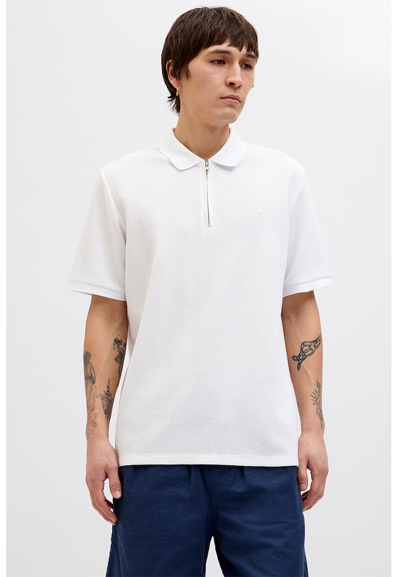 Tricou polo din amestec de bumbac organic cu fenta cu fermoar