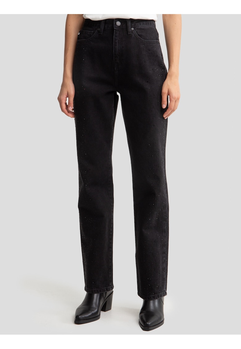 Blugi drepti cu talie inalta si strasuri Jade