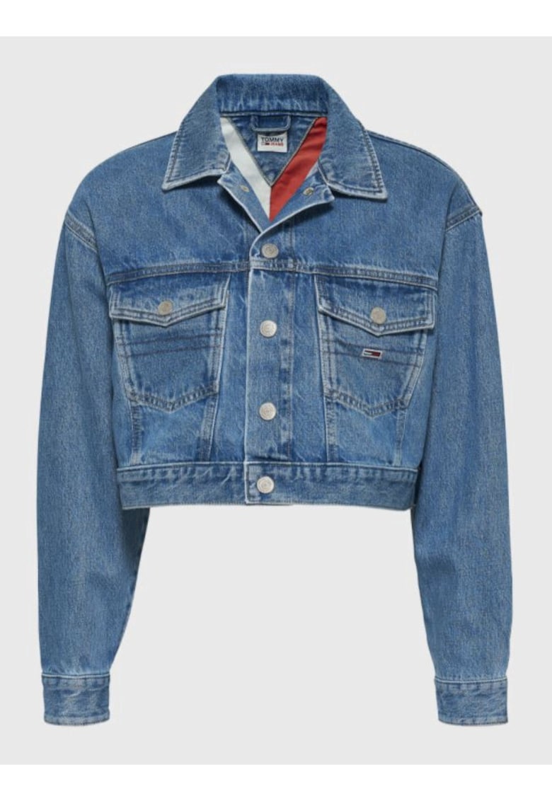 Jacheta crop de denim cu maneci cazute - Albastru
