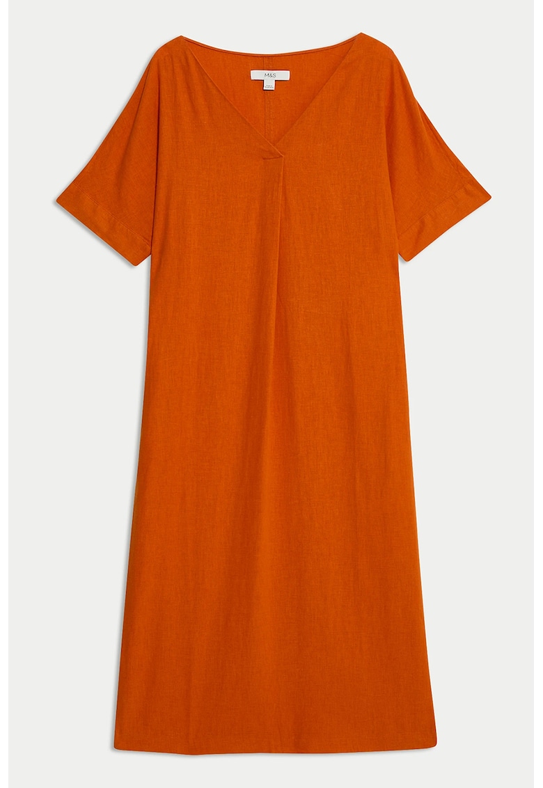 Rochie midi din amestec de in cu decolteu in V