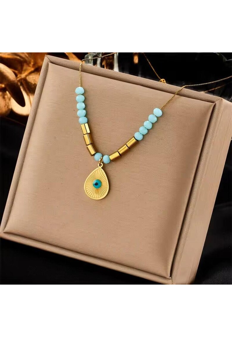 Colier auriu - din otel inoxidabil - cu margelute turquoise - suflat cu aur 18k - Berna C11