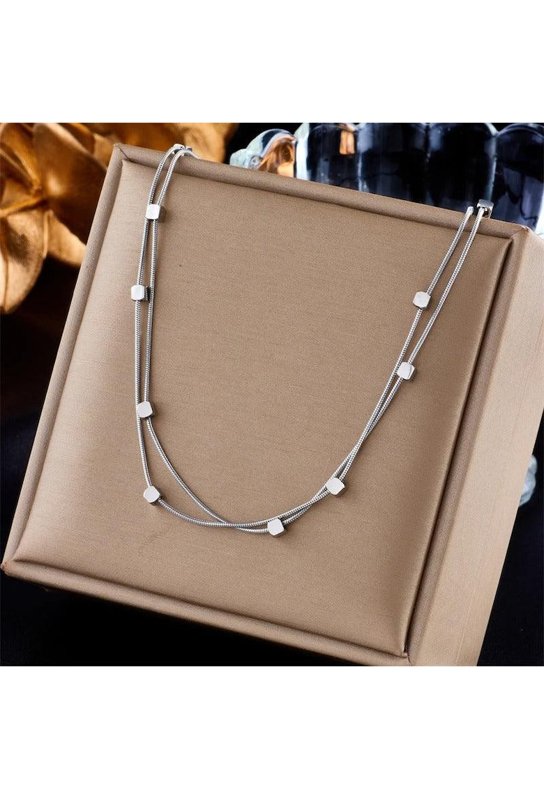 Colier argintiu - din otel inoxidabil - in 2 straturi - cu piese cub - suflat cu aur 18k - Byrge C11